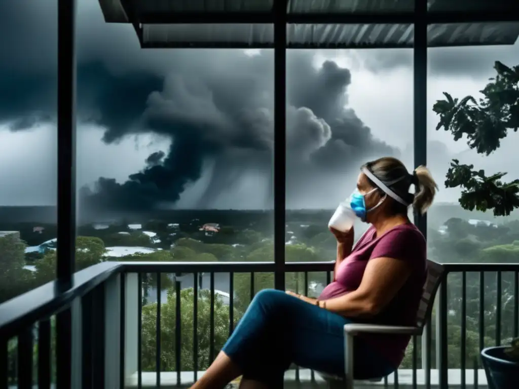 A woman in her mid50s with asthma and diabetes bravely manages her health during a hurricane on her balcony