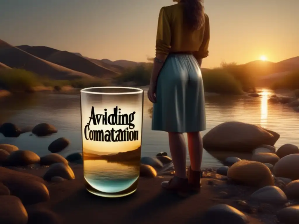 A woman stands in the midst of a parched riverbed, holding a glass filled with water in a prohibition-era style, the sun setting in the background