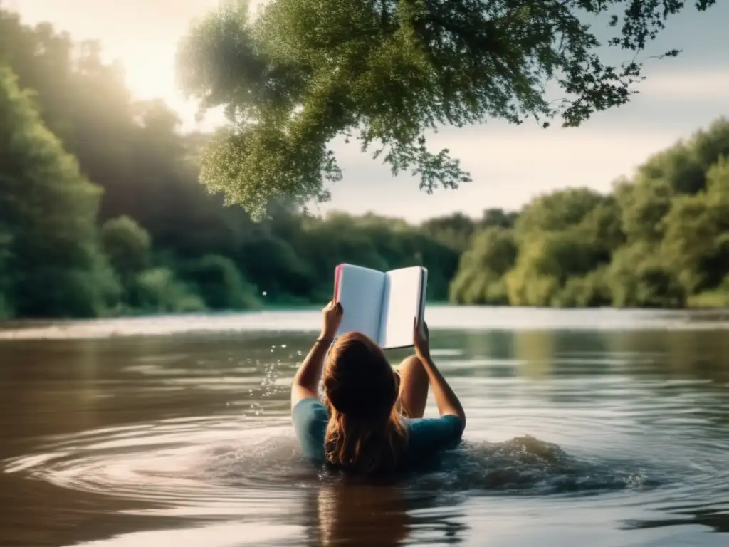 A peaceful woman writing by the river, lost in thought with her floating pen and partially submerged notebook captured in slow motion