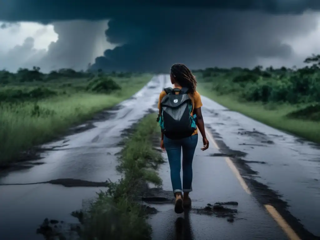 In the aftermath of a destructive hurricane, a resolute woman walks a barren road, her backpack a testament to her determination and purpose