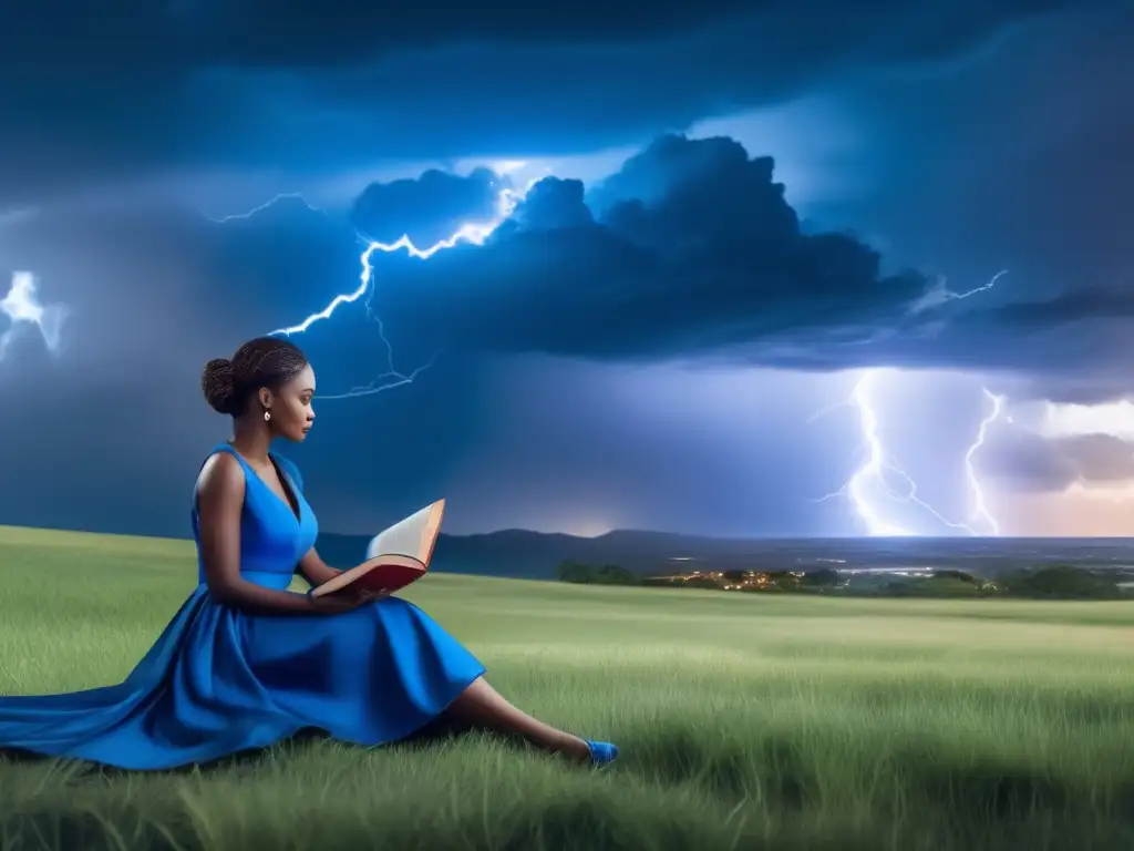 A woman in a blue dress sits on the grass with a book and laptop, bathed in the soft light of lightning flashes as a towering hurricane looms in the background