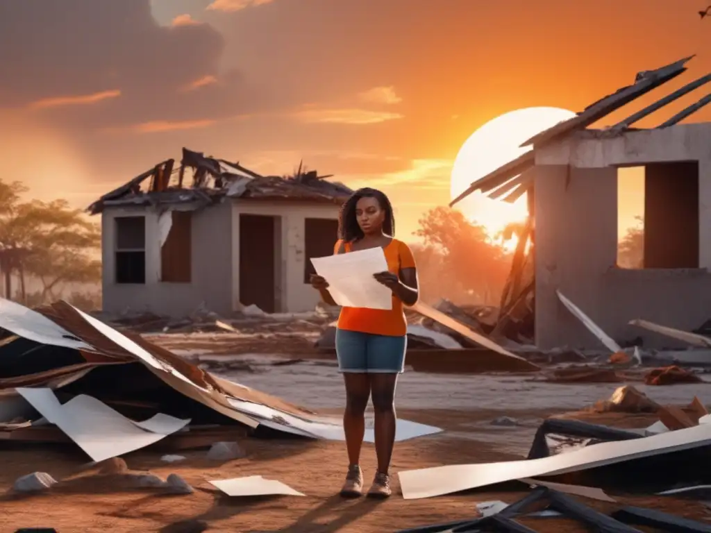 A heart-wrenching scene of a woman in tattered clothes, standing amidst the wreckage of her home, holding a piece of paper after a hurricane