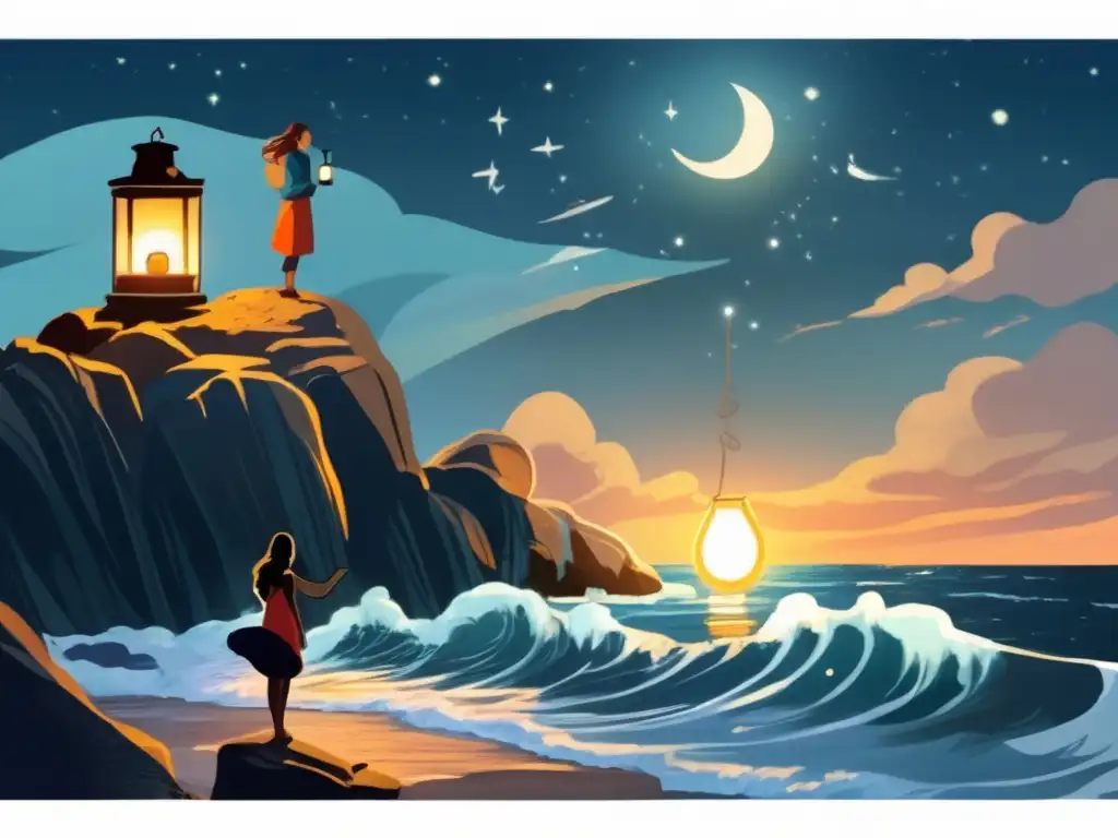 A woman stands bravely on a rocky cliff, holding a coastal beacon as the moon lights up the scene behind her