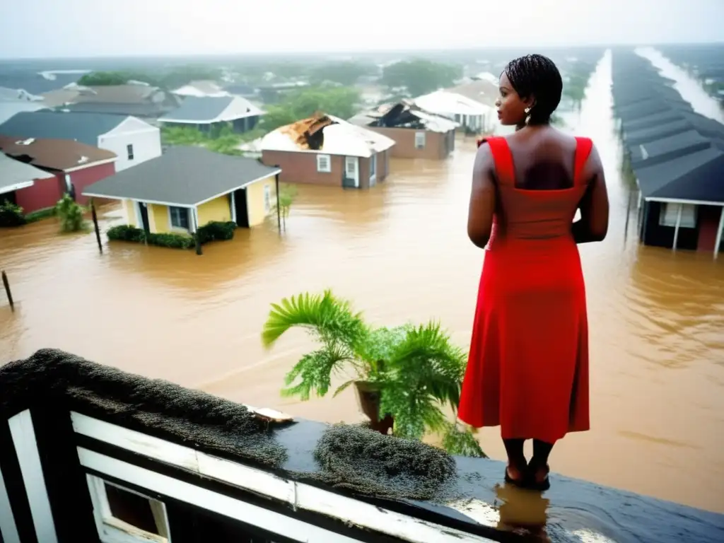 A woman in a red dress stands defiantly on a rooftop over flooded streets during Hurricane Katrina in New Orleans, Louisiana, August 29, 2005