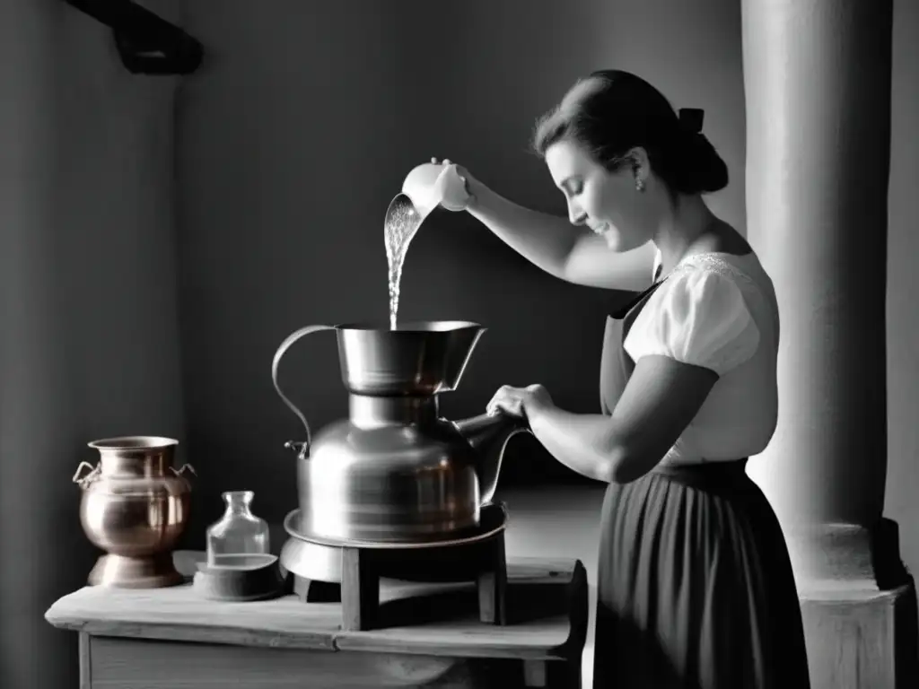 A black and white image of a woman pouring water into a still with a copper lever attached to a wooden pedestal