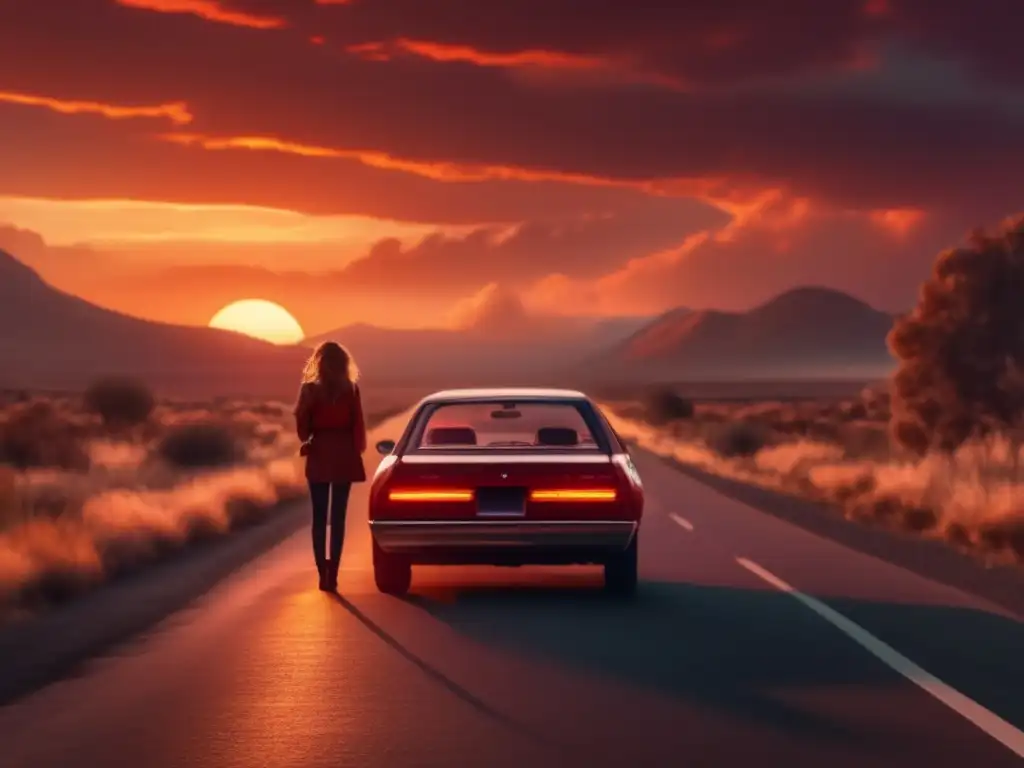 A breathtaking cinematicstyle image of a woman standing alone on a road at sunset, gazing out of a wide-open window