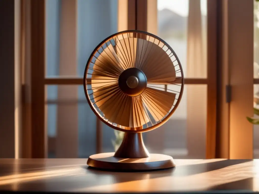 ☀️ - Traditional wooden fan resting on rustic stand, catching sunlight in a warm living room