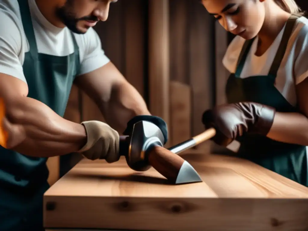 A couple engrossed in their work, remodeling a wooden chair with a sleek metal hammer