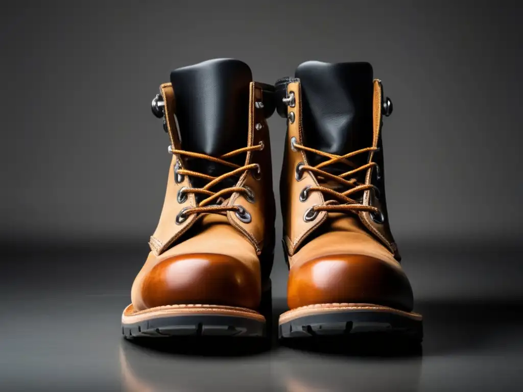 A rugged work boot with reinforced toes and durable leather, shot against a neutral grey backdrop