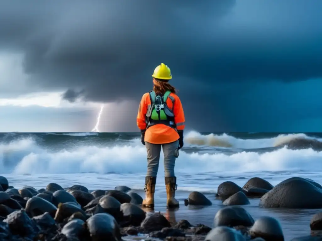 A brave woman stands on a rocky cliff during a hurricane, wearing work boots with steel toes and a safety harness