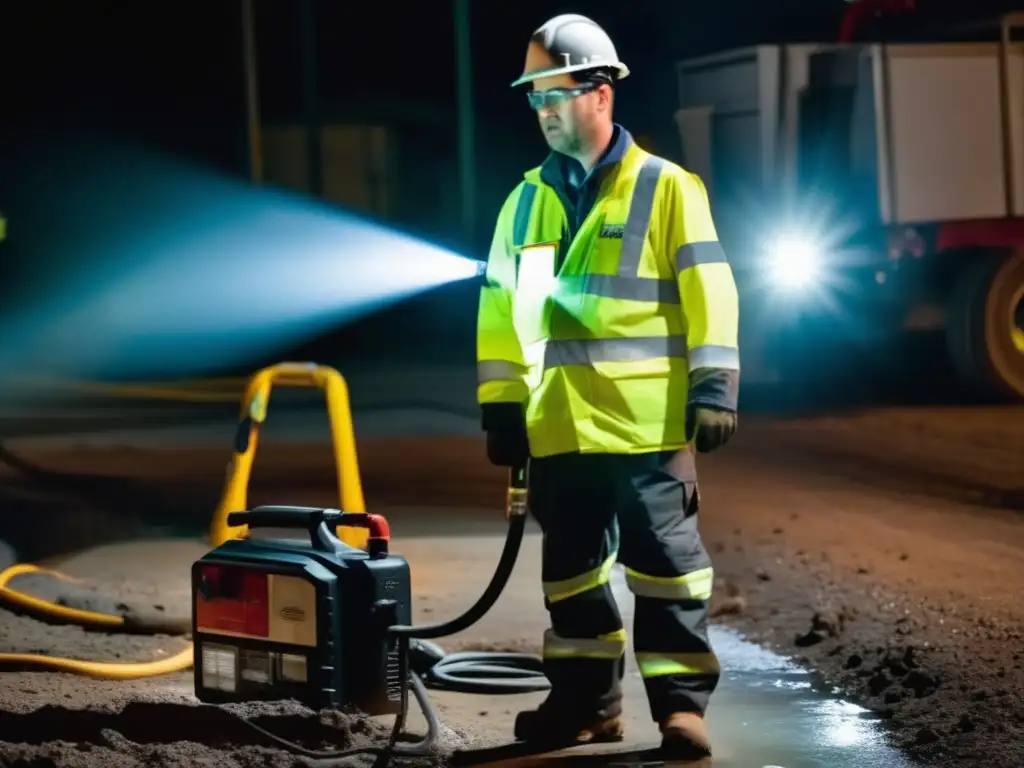 A stark and intense image of a worker in a hazardous lowlight environment, wearing a wateractivated emergency light around their neck