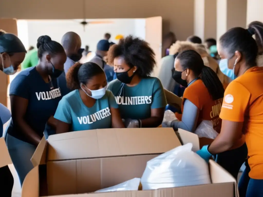 Dedicated volunteers tirelessly pack supplies and organize relief efforts, unwavering in their determination to help those affected by the hurricane