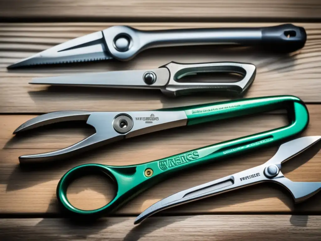 A stunning high-resolution closeup of assorted wrenches and pliers from diverse brands, neatly arranged on a rustic wooden surface, showcasing their intricate metallic sheen and designs, set against a blurred industrial background with shadows and illumination