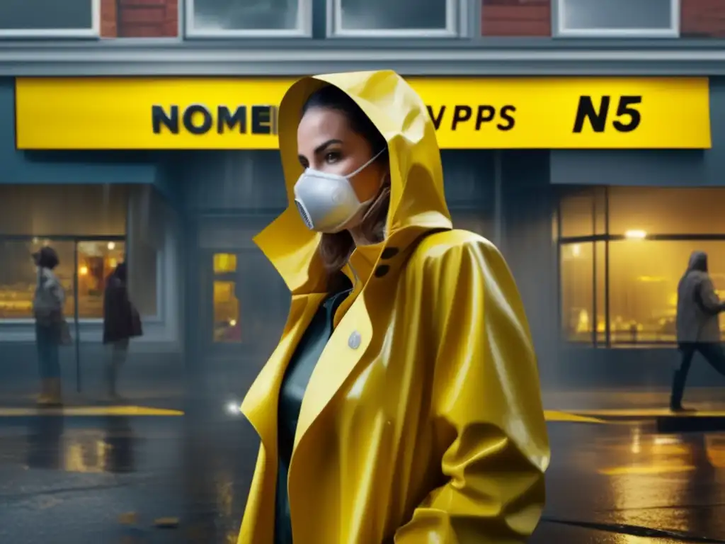 Amidst torrential rain and strong winds, a woman in a yellow raincoat and N95 mask, stands protectively in front of a broken-windowed store