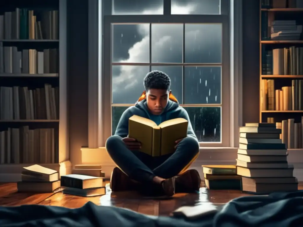 A young boy, engrossed in reading, sits on the floor amidst a pile of books