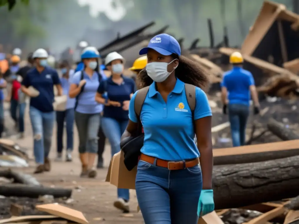 A determined young woman walks through a devastated community with volunteers, carrying supplies in their arms