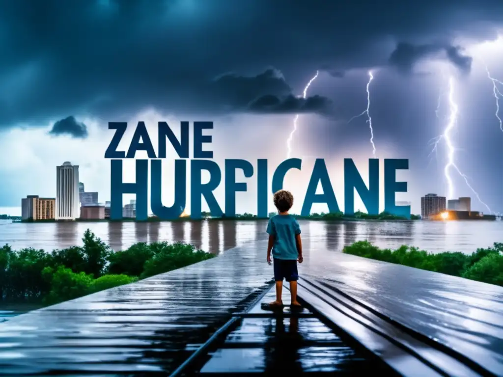 A captivating image of young Zane, standing on his family's flooded house roof amidst a fierce hurricane